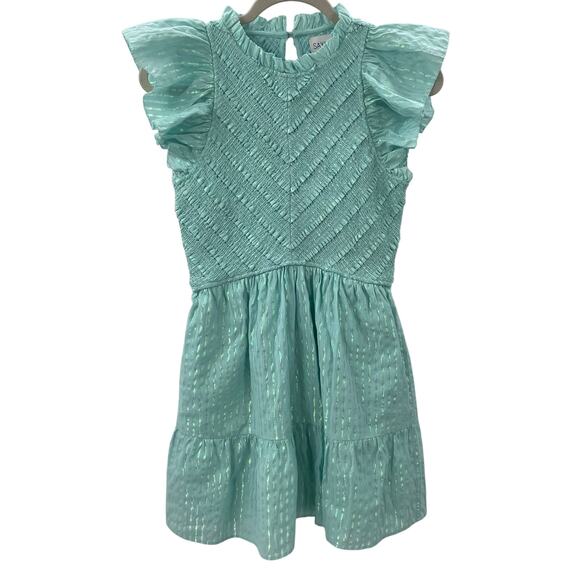 Saylor XS Carraway Mini Dress Smocked Bodice Flutter Sleeves Aqua Metallic - Picture 6 of 13